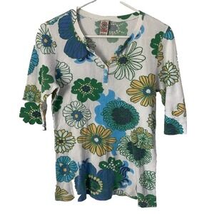 Vintage Lucky Brand Y2K Floral Henley Women's Top Waffle Texture 3/4 Sleeve L